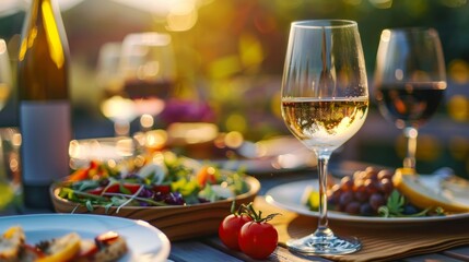 Elegant Outdoor Dining Setup with Wine and Gourmet Dinner at Sunset