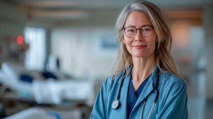 portrait of a smiling female doctor with a blue doctor's coat and a clinic in the background