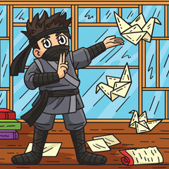 Ninja with an Origami Colored Cartoon Illustration