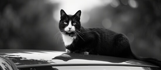 A black and white cat is perched on the rooftop of a car.