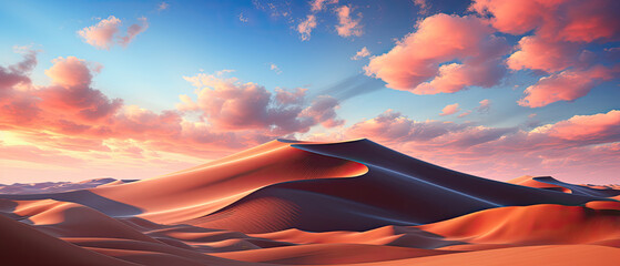 Amazing landscape of Sand Dunes in the desert at dawn sunset with golden light created with Generative AI Technology 