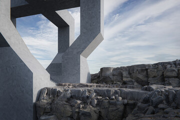Concrete building by the cliff with space for car park. 3d rendering of abstract architecture.