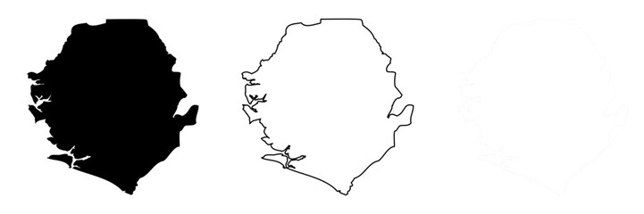 Obraz premium Sierra Leone country silhouette. Set of 3 high detailed maps. Solid black silhouette, thick black outline and thin black outline. Vector illustration isolated on white background.