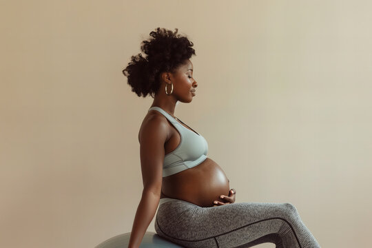 Beautiful pregnant black woman in a sports bra and leggings sitting on a stability ball on a light beige background. Pregnancy exercise and healthy lifestyle.