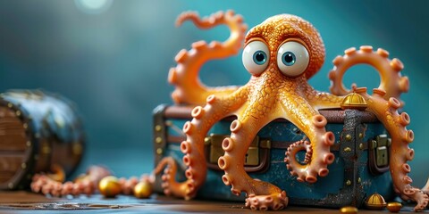 Playful 3D cartoon octopus with chest in deep blue sea setting - obrazy, fototapety, plakaty