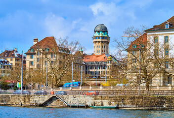The tower of Urania Sternwarte on the hill of Lindenhof district, Zurich, Switzerland - obrazy, fototapety, plakaty