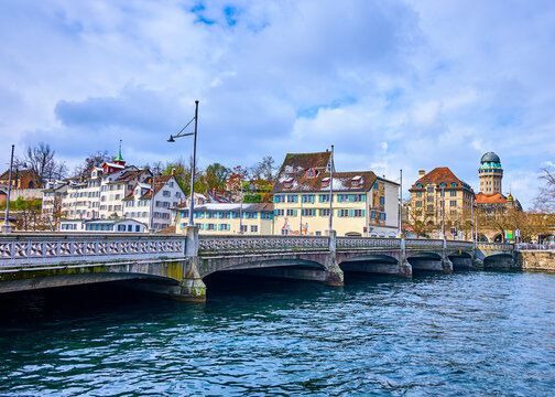 Rudolf-Brun-Brucke historic bridge and houses of Schipfe neighborhood, Zurich, Switzerland