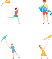 Kite flying icons set cartoon vector. People with kite flying in sky. Outdoor activity, leisure, hobby