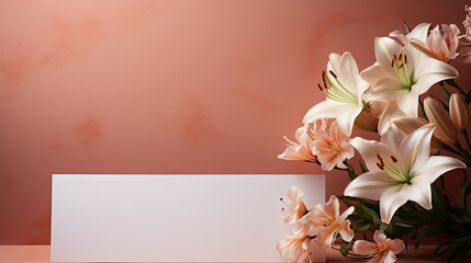 Blank invitation card around blooming white Lily flowers around pink wooden table in soft gradient style created with Generative AI Technology