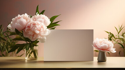 Blank invitation card around blooming pink Peony flowers around wooden table in soft gradient style created with Generative AI Technology