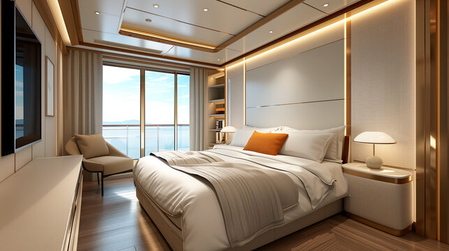 Modern first class cabin on a passenger cruise ship with queen-size bed 