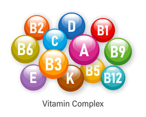 Vitamin complex for healthy nutrition. Illustration of vitamin icons. The concept of medicine and healthcare. Vector