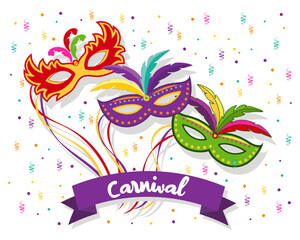 Fototapeta na wymiar Colorful carnival masks and text Carnival on the background of confetti and fireworks. Mardi Gras Banner, poster, vector