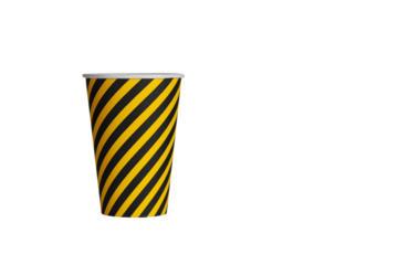 yellow striped cardboard glass on isolated white background close up
