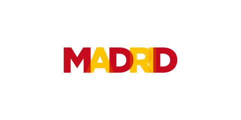 Madrid in the Spain emblem. The design features a geometric style, vector illustration with bold typography in a modern font. The graphic slogan lettering.