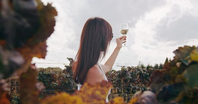 Female winemaker holding and lightly shaking glass of white wine of new vintage on vineyard outdoor. Wine tasting and winemaking concept