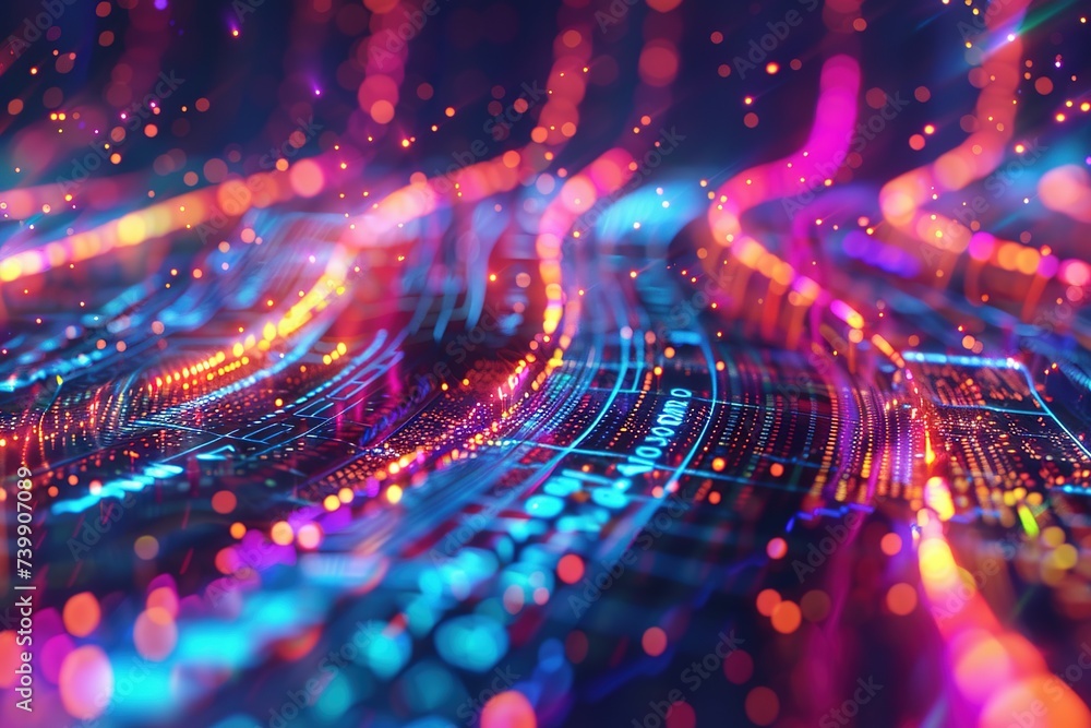 Poster data sorting process the big data stream of the future blue particle and beautiful purple futuristic