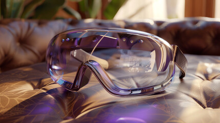Lavender purple glass VR glasses with a thin, lightweight design, resting on an aged leather desk. The gentle morning light adds to the glasses' ethereal appearance.