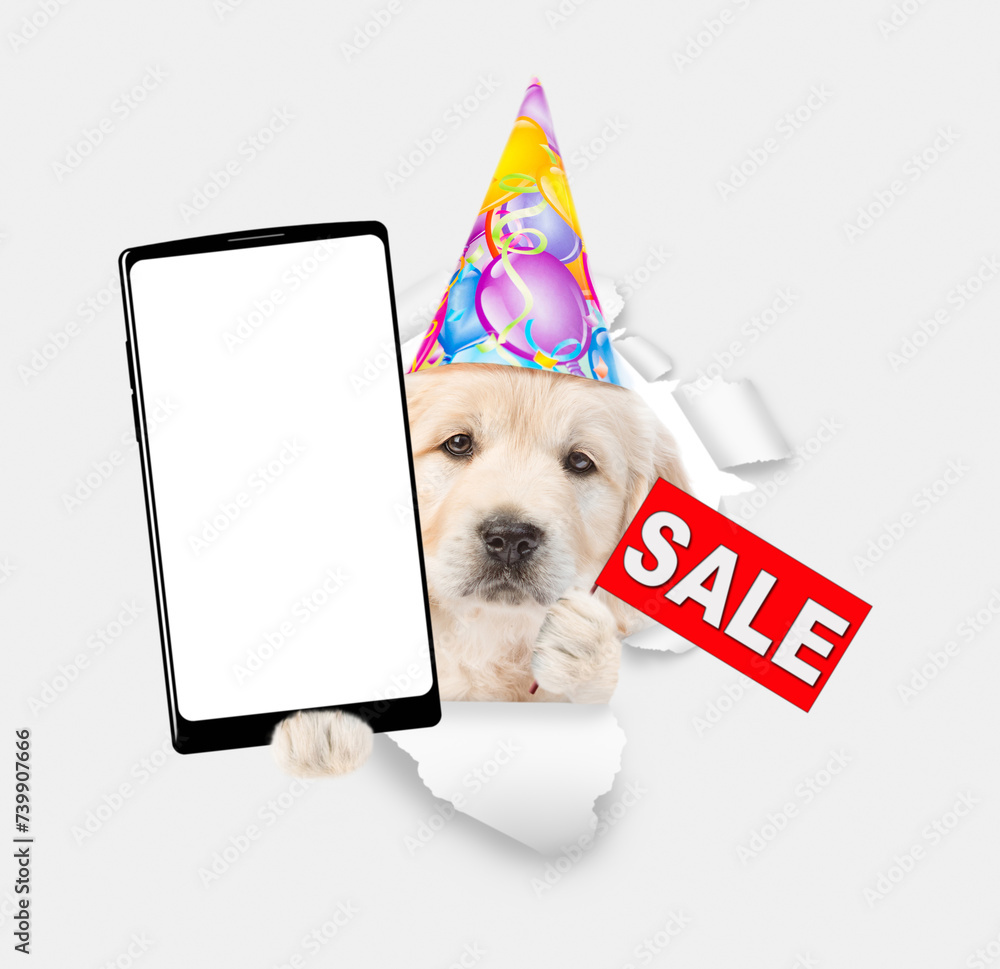 Poster golden retriever puppy wearing party cap shows big smartphone with white blank screen in it paw and 