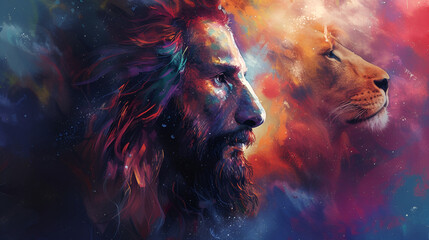 painting of Jesus with a lion, on beautiful colorful background with hint of space feeling, lion profile portrait. generative ai