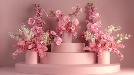 Pink podium with flowers.