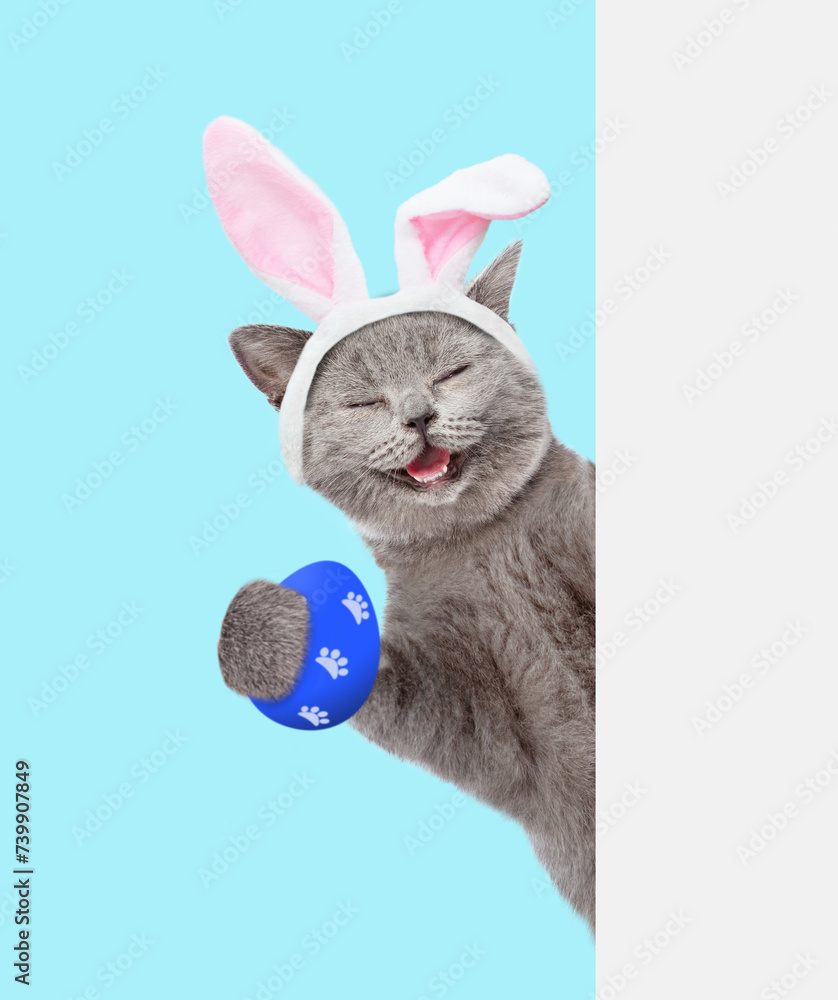 Aufkleber happy kitten wearing easter rabbits ears holds colorful easter egg and looks from behind empty white