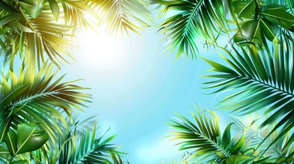 Summer background with tropical leaves. Green leaves of plants against the blue sky. Illustration