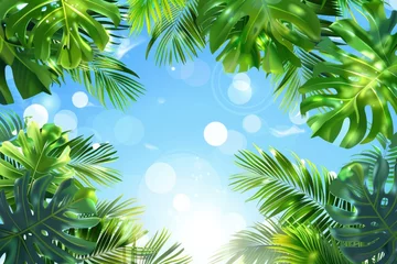Gardinen Summer background with tropical leaves. Green leaves of plants against the blue sky. Illustration © FoxTok