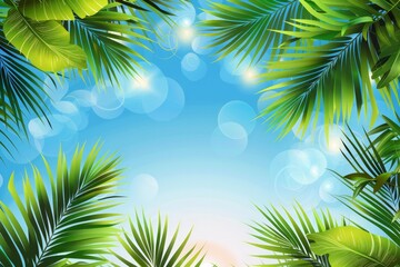 Fototapeta na wymiar Summer background with tropical leaves. Green leaves of plants against the blue sky. Illustration