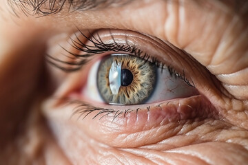 Macro photography of old woman's eyes, grandmother with wrinkled skin around. Piercing gaze of an old man, close-up of the pupil of the eye - obrazy, fototapety, plakaty