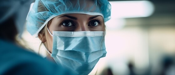 A young nurse wearing a protective face mask, medical professional preventive gear, close up portrait of doctor, health