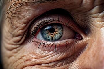 Macro photography of old woman's eyes, grandmother with wrinkled skin around. Piercing gaze of an old man, close-up of the pupil of the eye