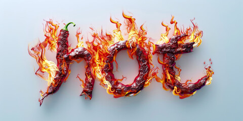 Text hot made from  3 d letters shaped burn fire pepper chilli on white background.	