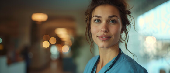 Portrait of a nurse in the hospital corridor, medical care, healthcare worker