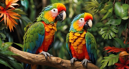 Capture the essence of a Rio parrot amid lush tropical foliage, blending seamlessly with its natural habitat, with a focus on the integration of realistic textures -Ai Generative