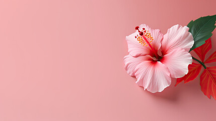 Minimalist single blooming pink Hibiscus flower with leaf on soft pink pastel colors background with space for text created with Generative AI Technology