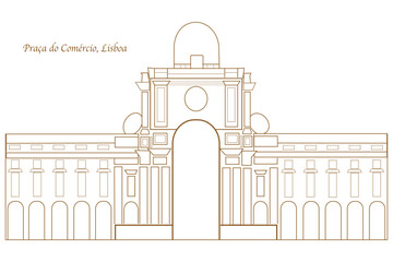 Lisbon Praca do Comercio Line Silhouette Typographic Design on white background