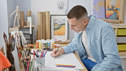 A focused young man sketching in a vibrant art studio, surrounded by creative supplies.