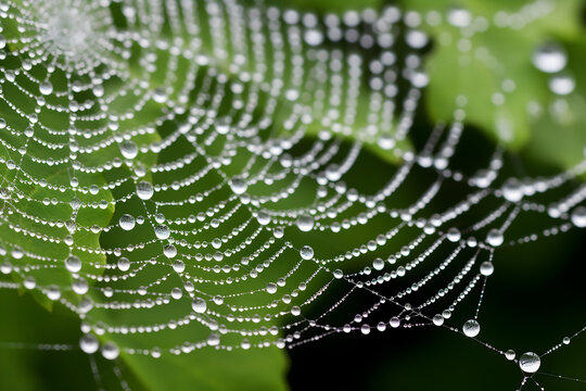 Water droplets on spider web with green leaves in the background.