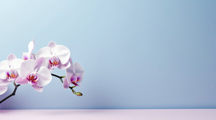 Minimalist blooming pink Orchid flower on soft purple pastel colors background with space for text created with Generative AI Technology