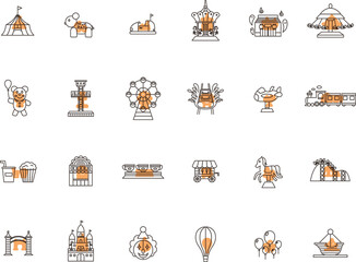 アウトラインのテーマパーク関連イラストアイコンセット　オレンジ