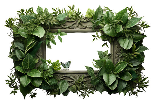 A green photo frame covered with green leaves all over on a transparent background