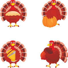 Cartoon turkey icons set cartoon vector. Various funny turkey bird. Happy thanksgiving