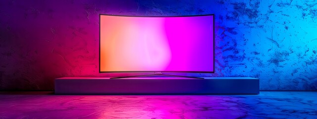 Modern Curved Television Display with Vibrant Neon Lighting for an Immersive Viewing Experience - obrazy, fototapety, plakaty