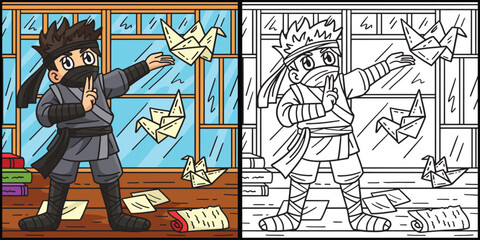 Ninja with Origami Coloring Colored Illustration