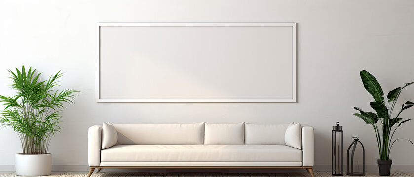 Bright fully furnished interior room with comfortable sofa and pillow, green plants and empty horizontal frames with soft lighting Contemporary style house