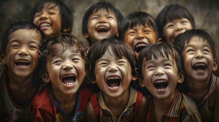 Describe the joyous laughter and cheers of encouragement from the child's friends watching from the sidelines.
 - obrazy, fototapety, plakaty