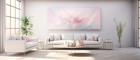 Minimalist luxury room in soft pastel colors with a light and airy style with a large sofa and abstract paintings created with Generative AI Technology