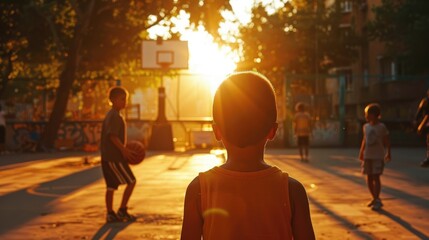 Describe the child's infectious enthusiasm as they recruit friends to join them for a pickup game of basketball.