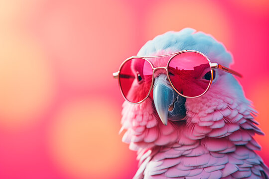 Pink parrot in sunglasses on a pink background, portrait, сopy space